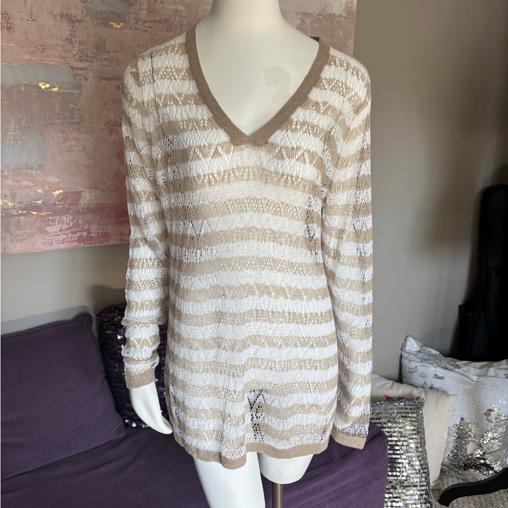 Crochet Knit Tunic Top V Neck Long Sleeve Striped Beach‎ Cover Up